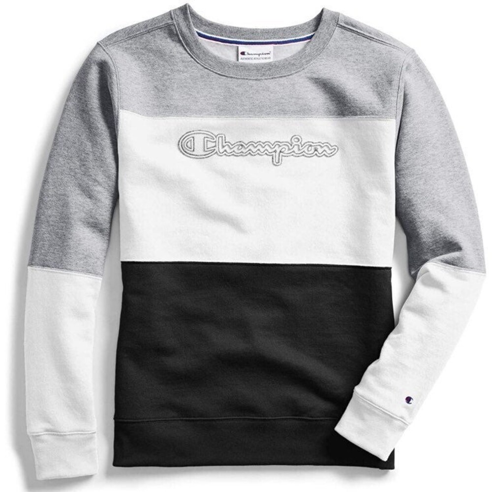 Champion Women L Powerblend Color Block Logo Sweatshirt Oxford Gray Heather